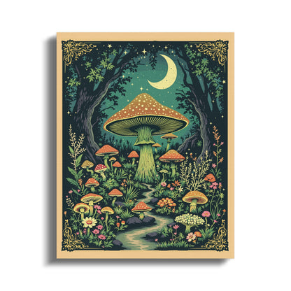 Premium Poster of Enchanting Forest Mushrooms with Moonlit Night Canvas Wraps