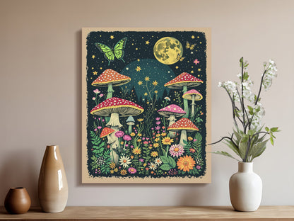Premium Poster of Enchanting Forest Night Sky Mushrooms Canvas Wraps