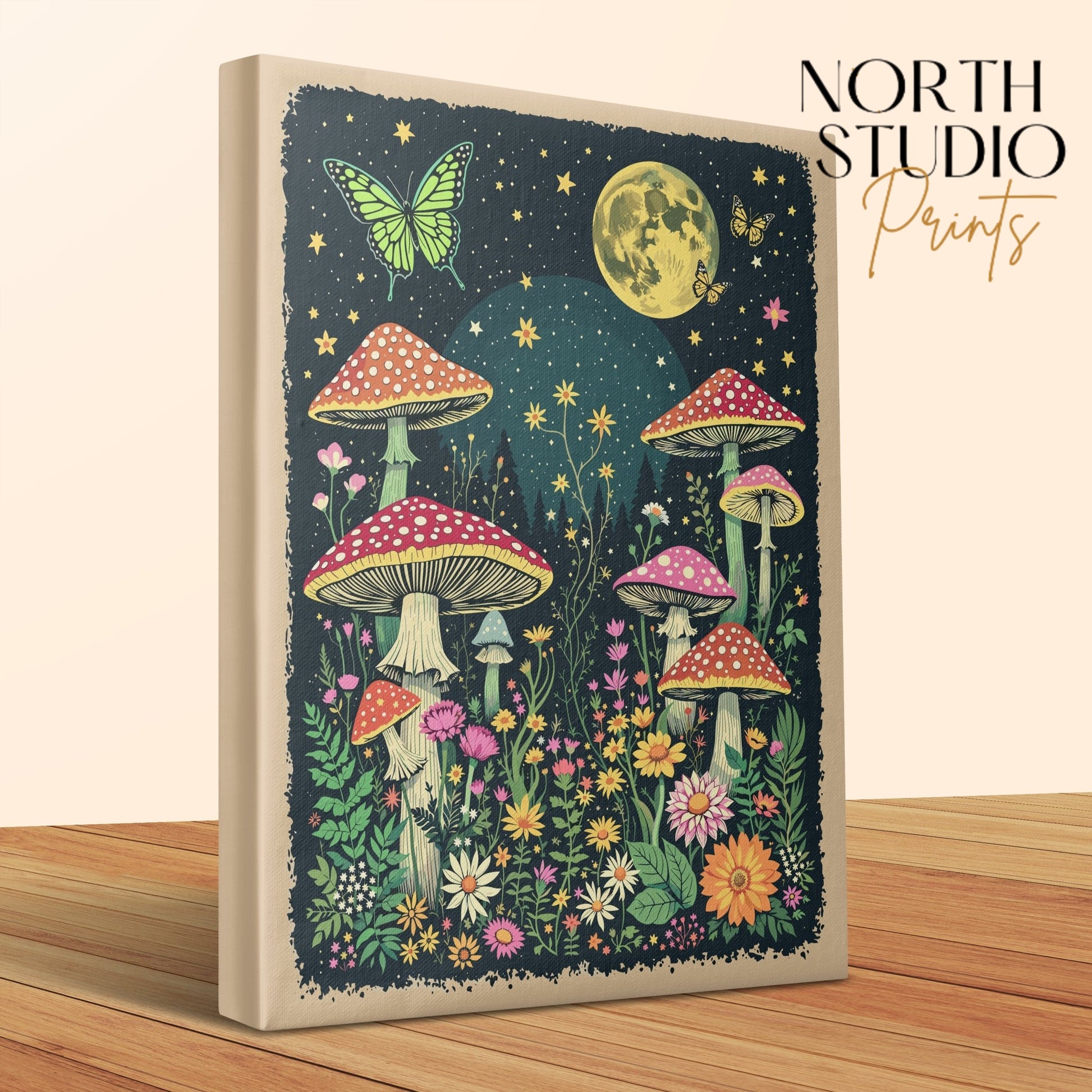 Premium Poster of Enchanting Forest Night Sky Mushrooms Canvas Wraps