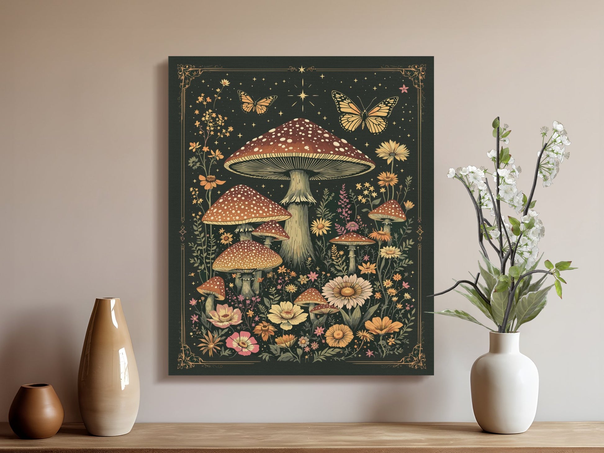 Premium Poster of Enchanting Mushroom Meadow with Butterflies Canvas Wraps