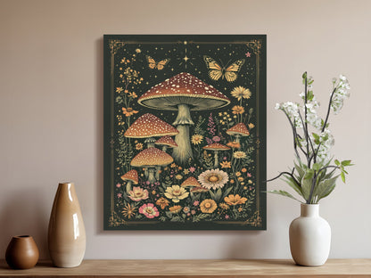Premium Poster of Enchanting Mushroom Meadow with Butterflies Canvas Wraps