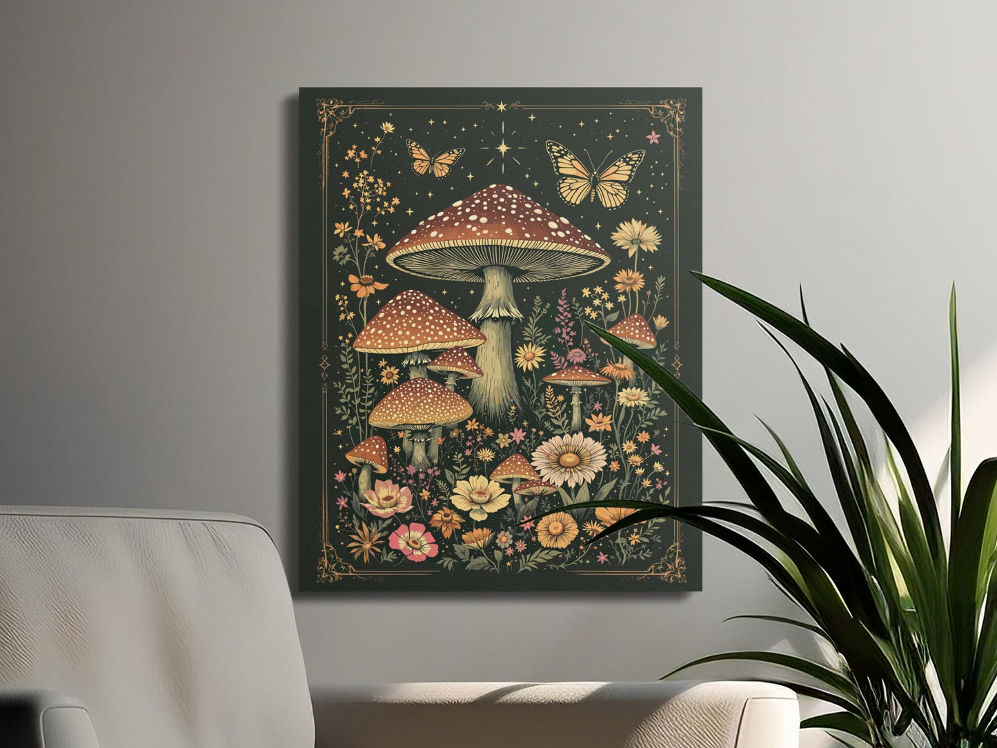 Premium Poster of Enchanting Mushroom Meadow with Butterflies Canvas Wraps