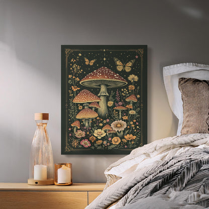 Premium Poster of Enchanting Mushroom Meadow with Butterflies Canvas Wraps