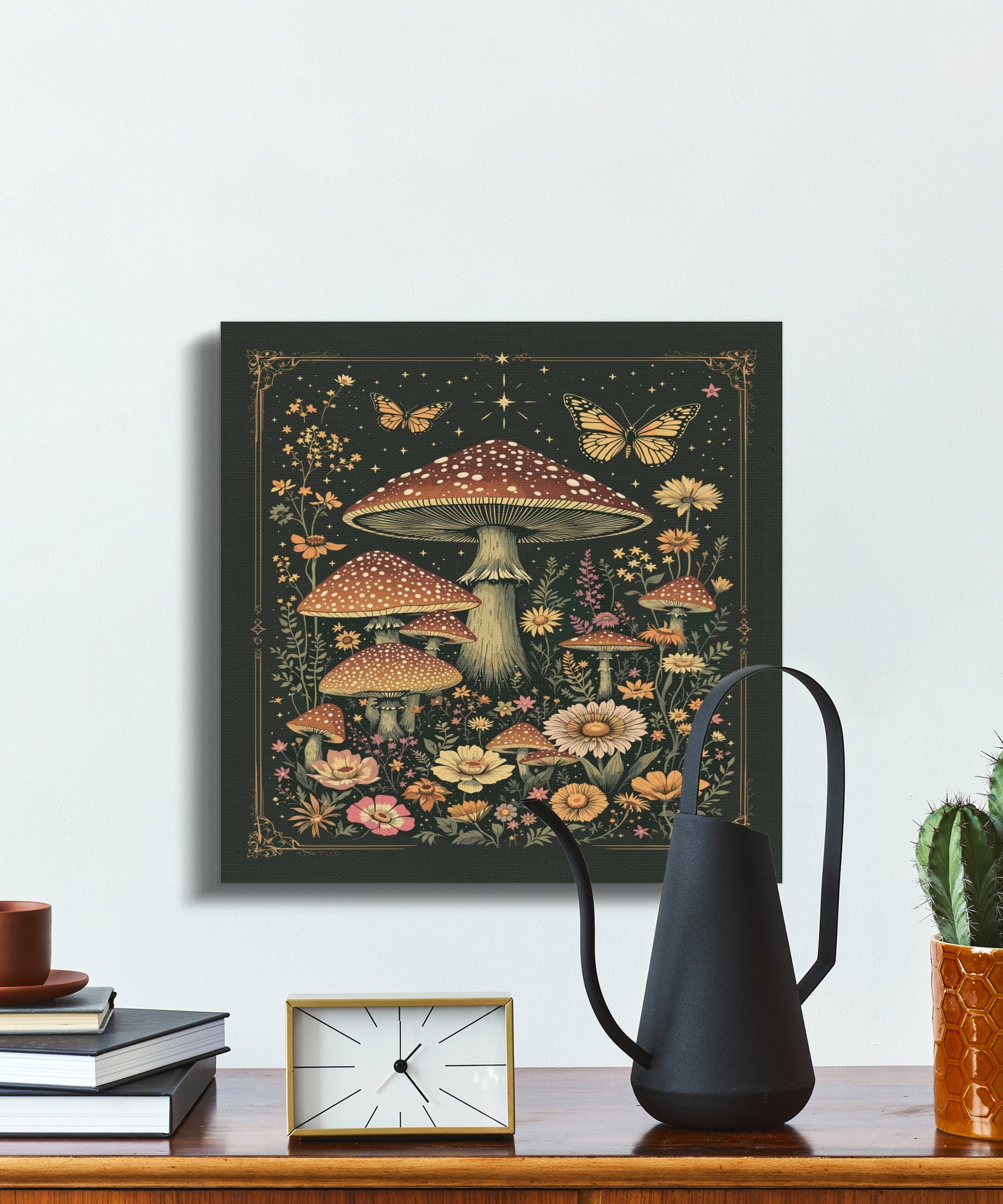 Premium Poster of Enchanting Mushroom Meadow with Butterflies Canvas Wraps