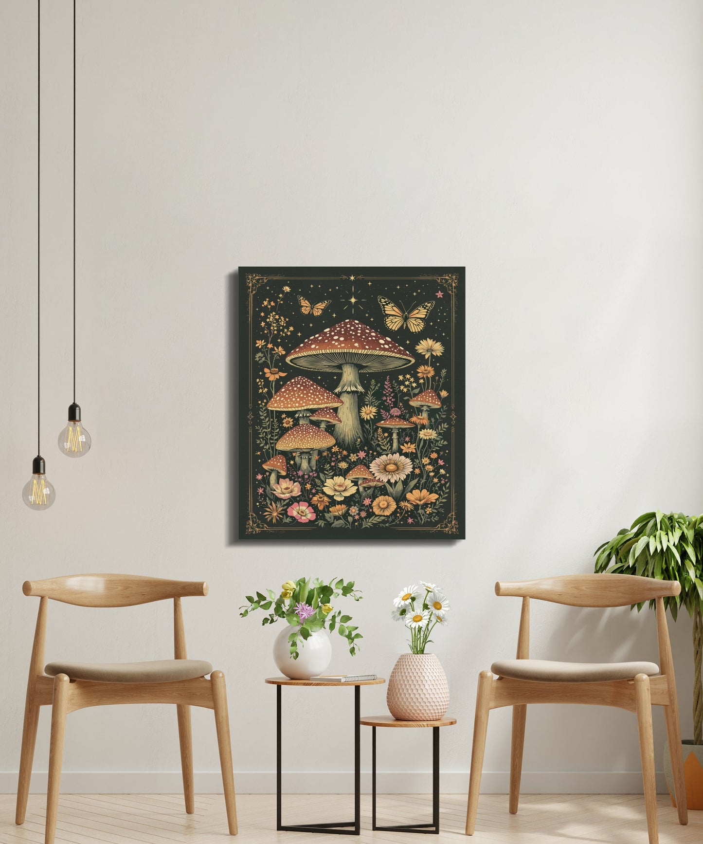 Premium Poster of Enchanting Mushroom Meadow with Butterflies Canvas Wraps