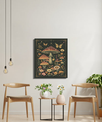 Premium Poster of Enchanting Mushroom Meadow with Butterflies Canvas Wraps