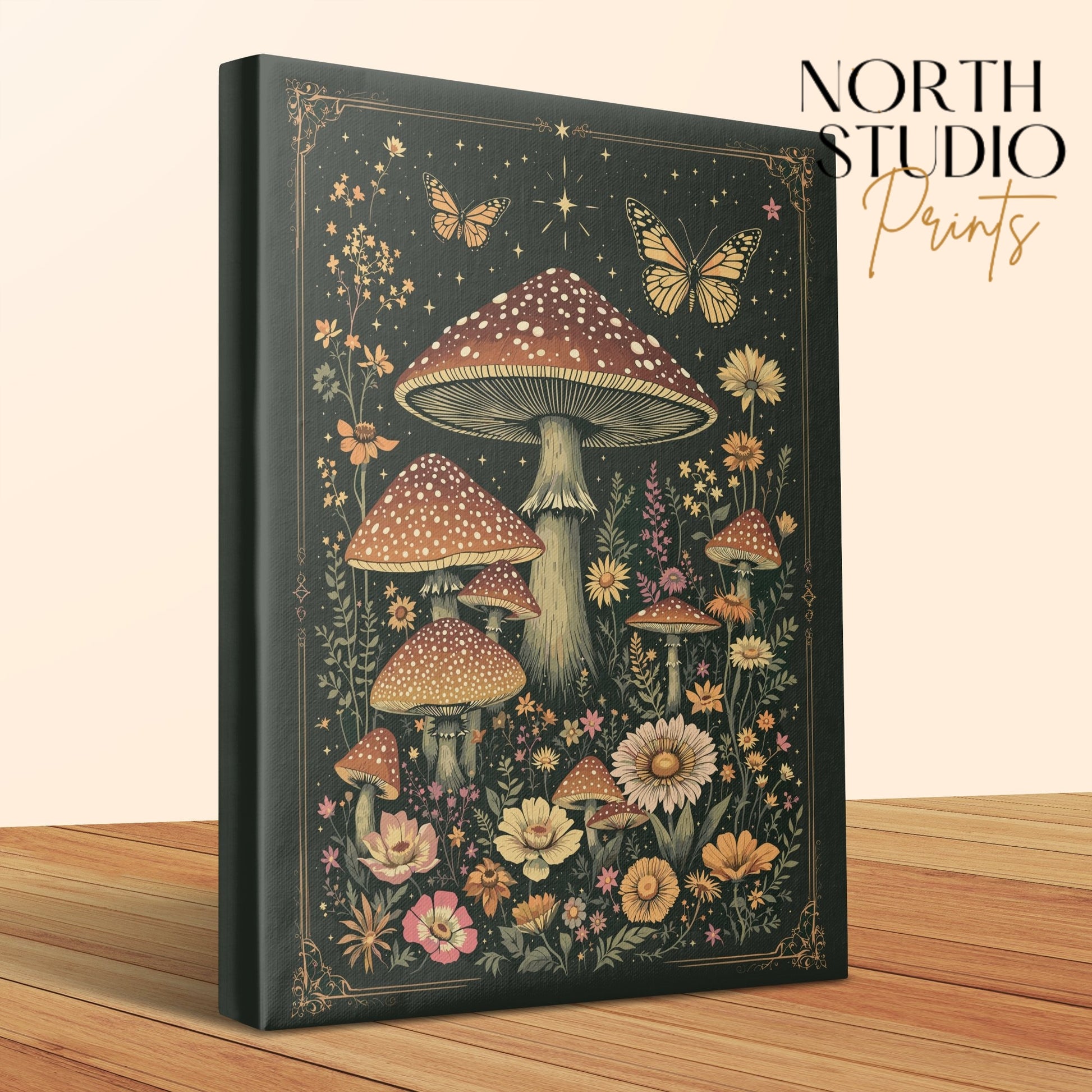 Premium Poster of Enchanting Mushroom Meadow with Butterflies Canvas Wraps