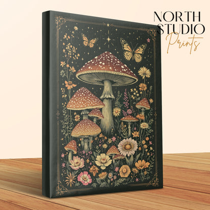 Premium Poster of Enchanting Mushroom Meadow with Butterflies Canvas Wraps
