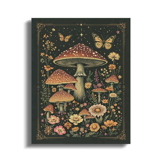 Premium Poster of Enchanting Mushroom Meadow with Butterflies Canvas Wraps