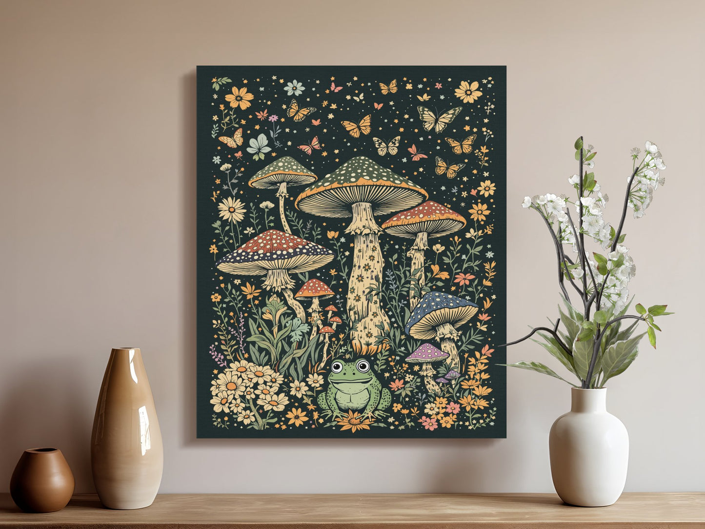 Premium Poster of Enchanting Nature Scene With Mushrooms and Frogs Canvas Wraps