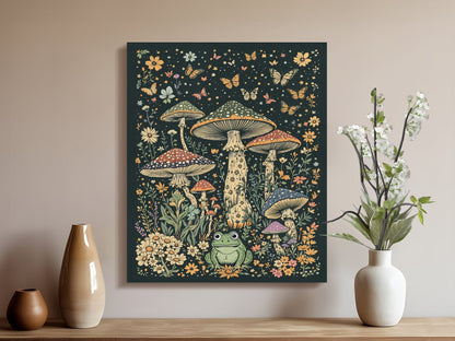 Premium Poster of Enchanting Nature Scene With Mushrooms and Frogs Canvas Wraps