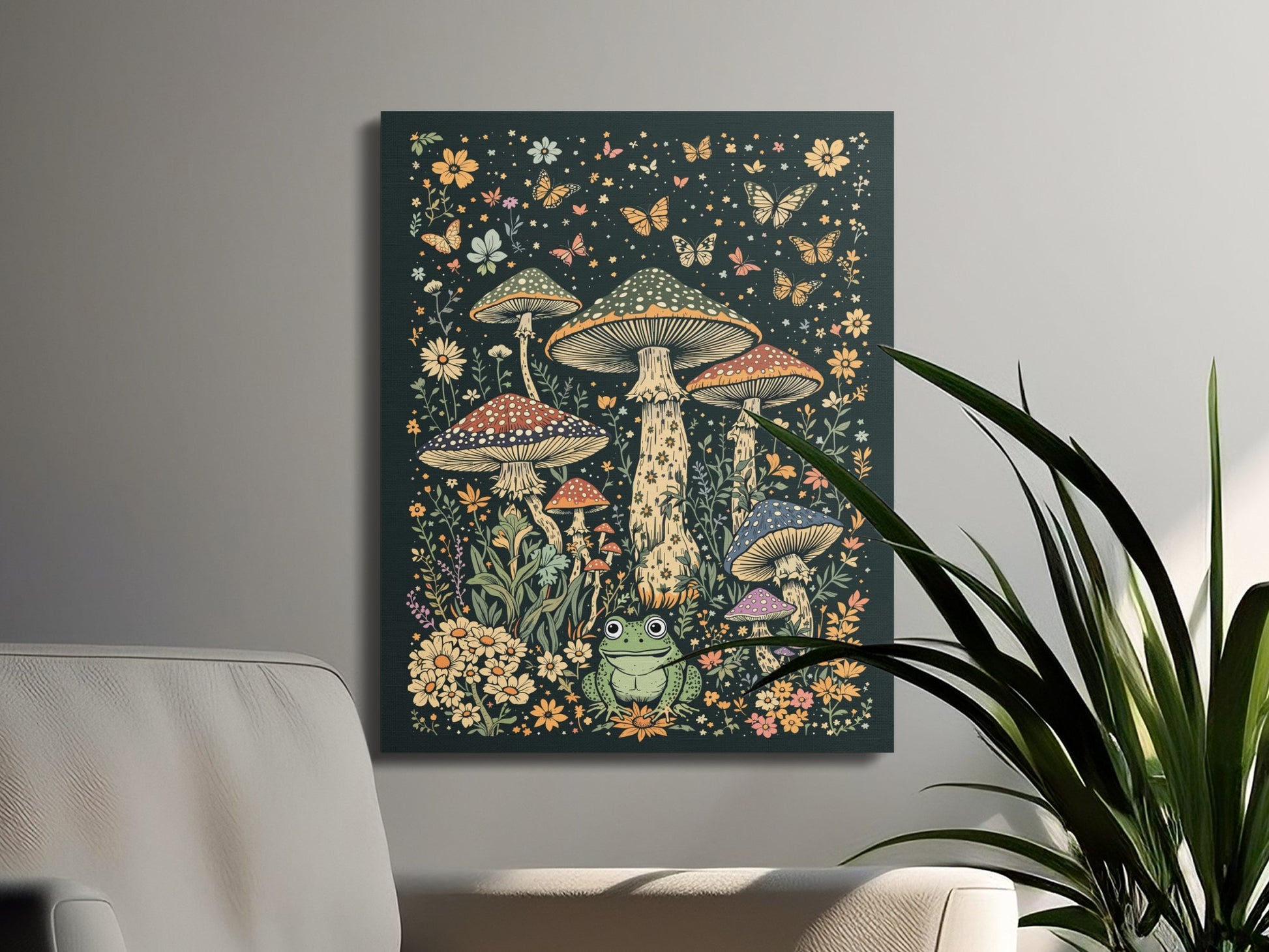 Premium Poster of Enchanting Nature Scene With Mushrooms and Frogs Canvas Wraps