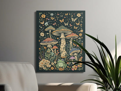 Premium Poster of Enchanting Nature Scene With Mushrooms and Frogs Canvas Wraps