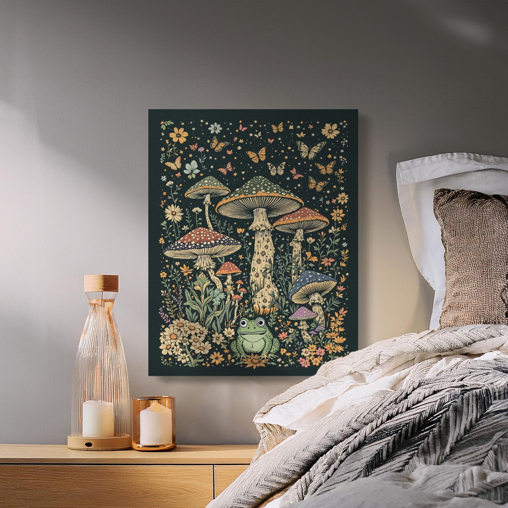 Premium Poster of Enchanting Nature Scene With Mushrooms and Frogs Canvas Wraps