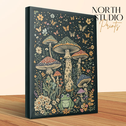 Premium Poster of Enchanting Nature Scene With Mushrooms and Frogs Canvas Wraps