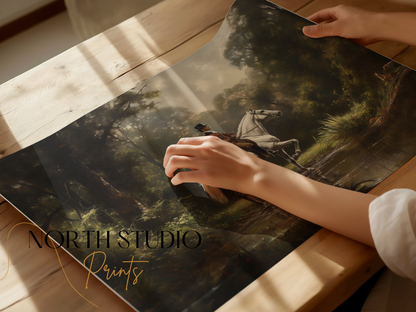 Premium Poster of Equestrian Rider in Lush Forest Landscape Art Posters