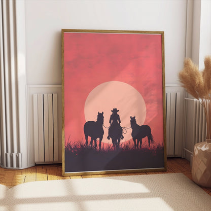 Premium Poster of Equestrian Silhouette Sunset Art Western Decor Posters