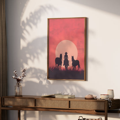 Premium Poster of Equestrian Silhouette Sunset Art Western Decor Posters