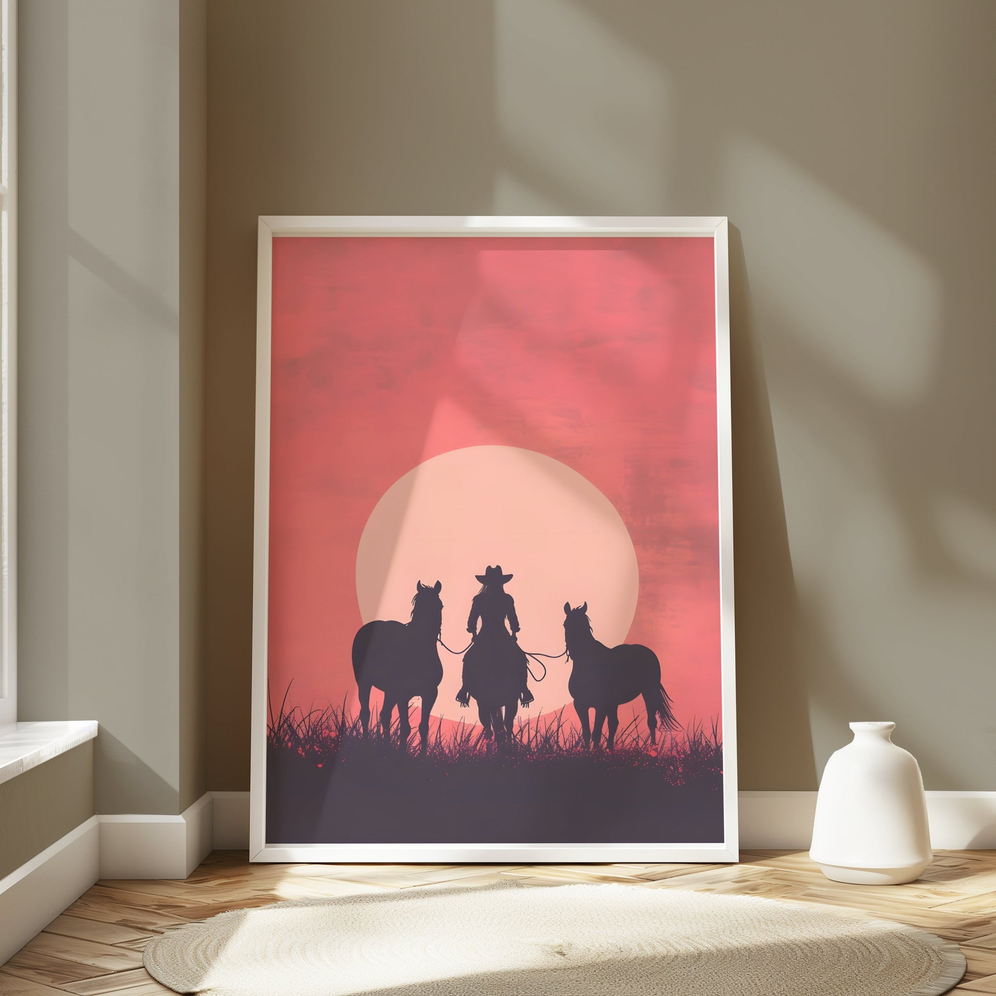 Premium Poster of Equestrian Silhouette Sunset Art Western Decor Posters