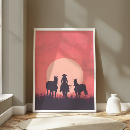 Premium Poster of Equestrian Silhouette Sunset Art Western Decor Posters