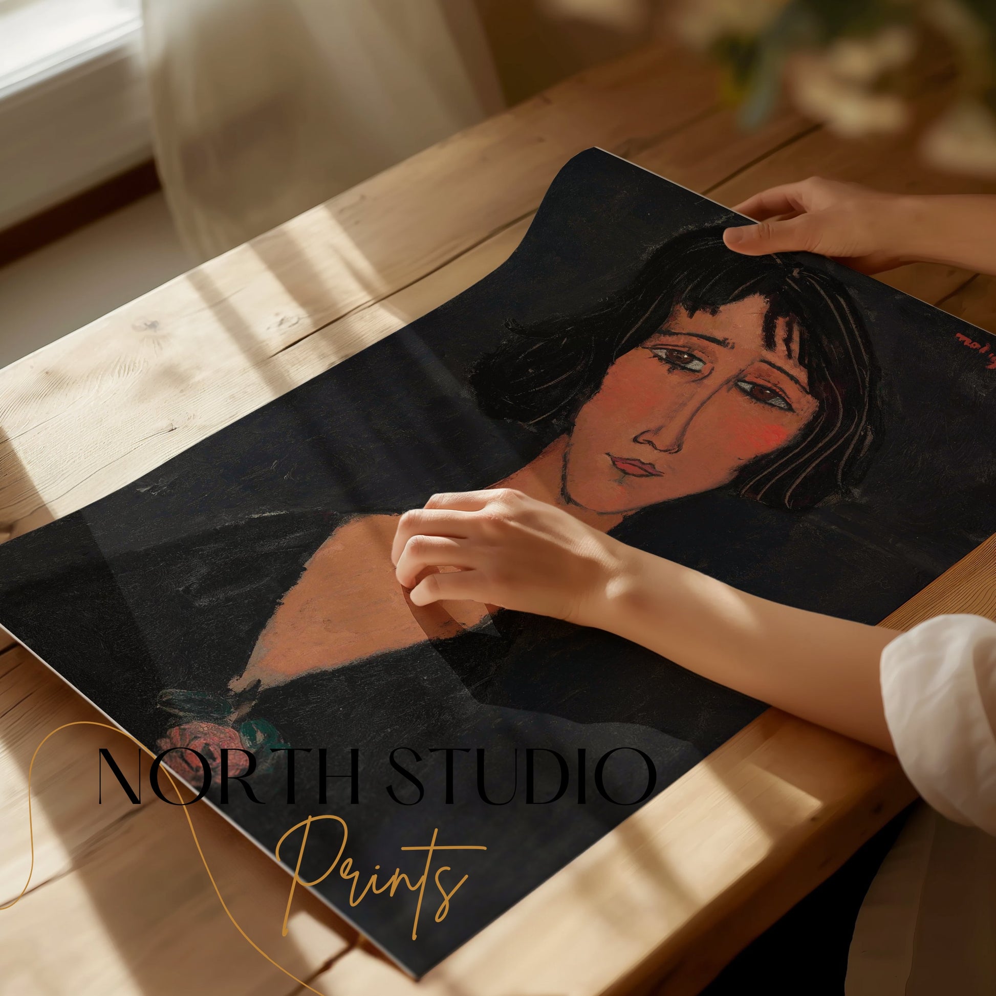 Premium Poster of Expressionist Portrait of Woman with Black Hair Posters