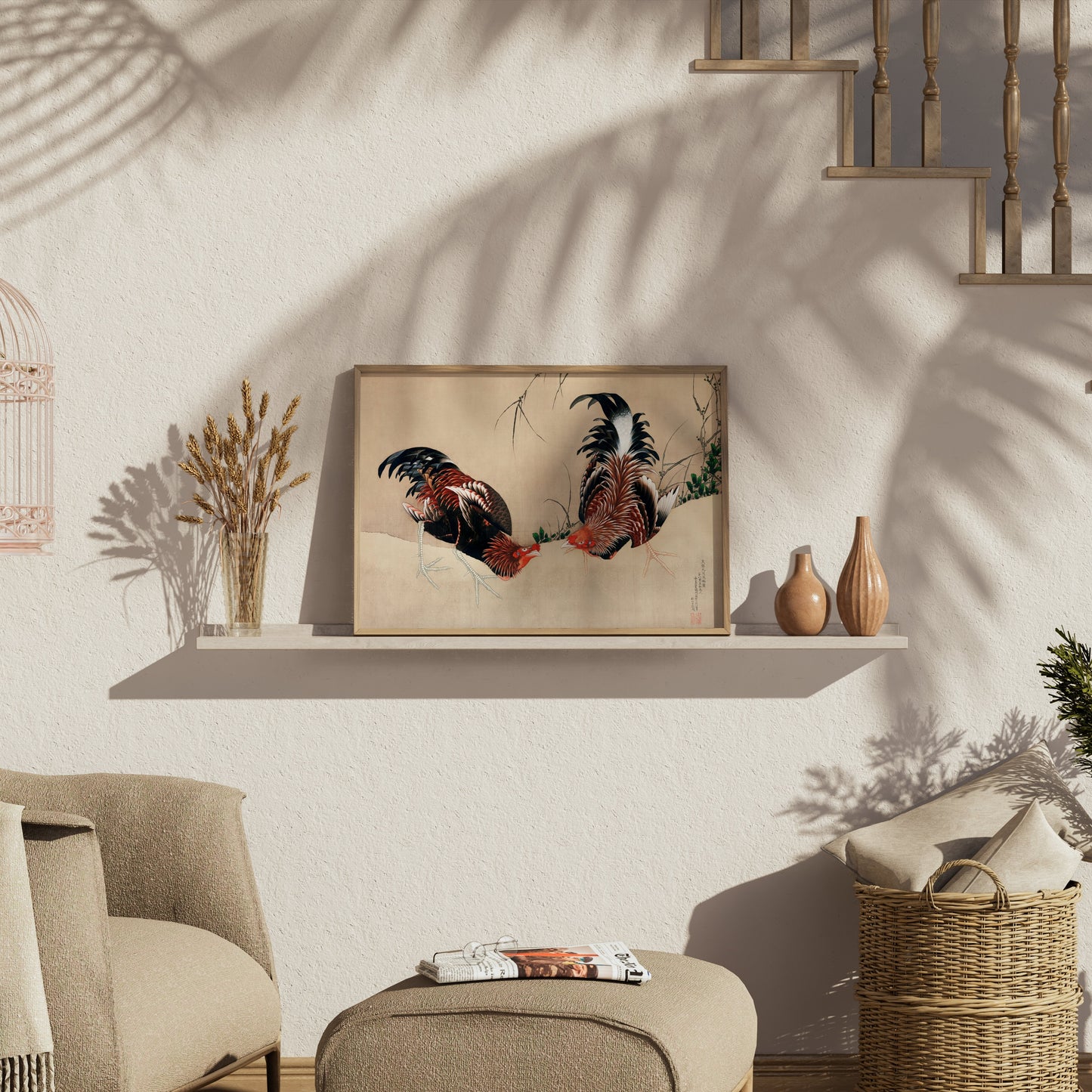 Premium Poster of Exquisite Japanese Roosters Artwork Print Vintage Posters