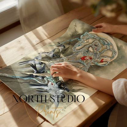 Premium Poster of Exquisite Oriental Art Featuring Birds and Woman Posters