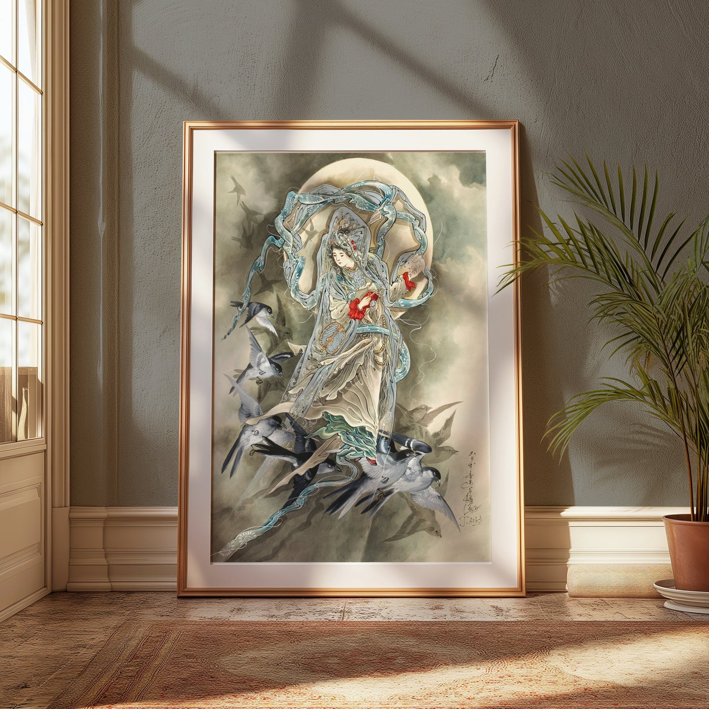 Premium Poster of Exquisite Oriental Art Featuring Birds and Woman Posters