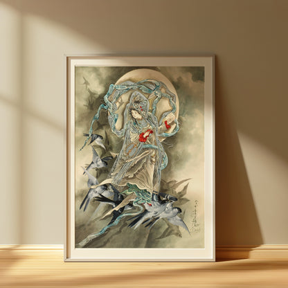 Premium Poster of Exquisite Oriental Art Featuring Birds and Woman Posters