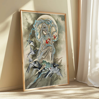 Premium Poster of Exquisite Oriental Art Featuring Birds and Woman Posters
