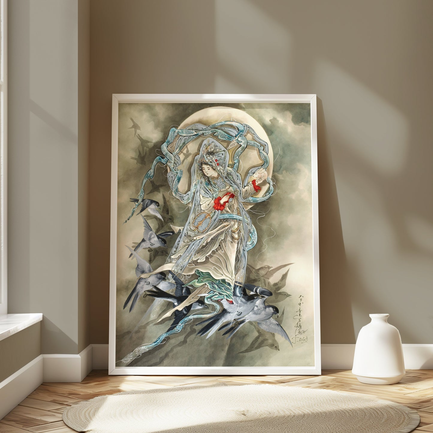 Premium Poster of Exquisite Oriental Art Featuring Birds and Woman Posters