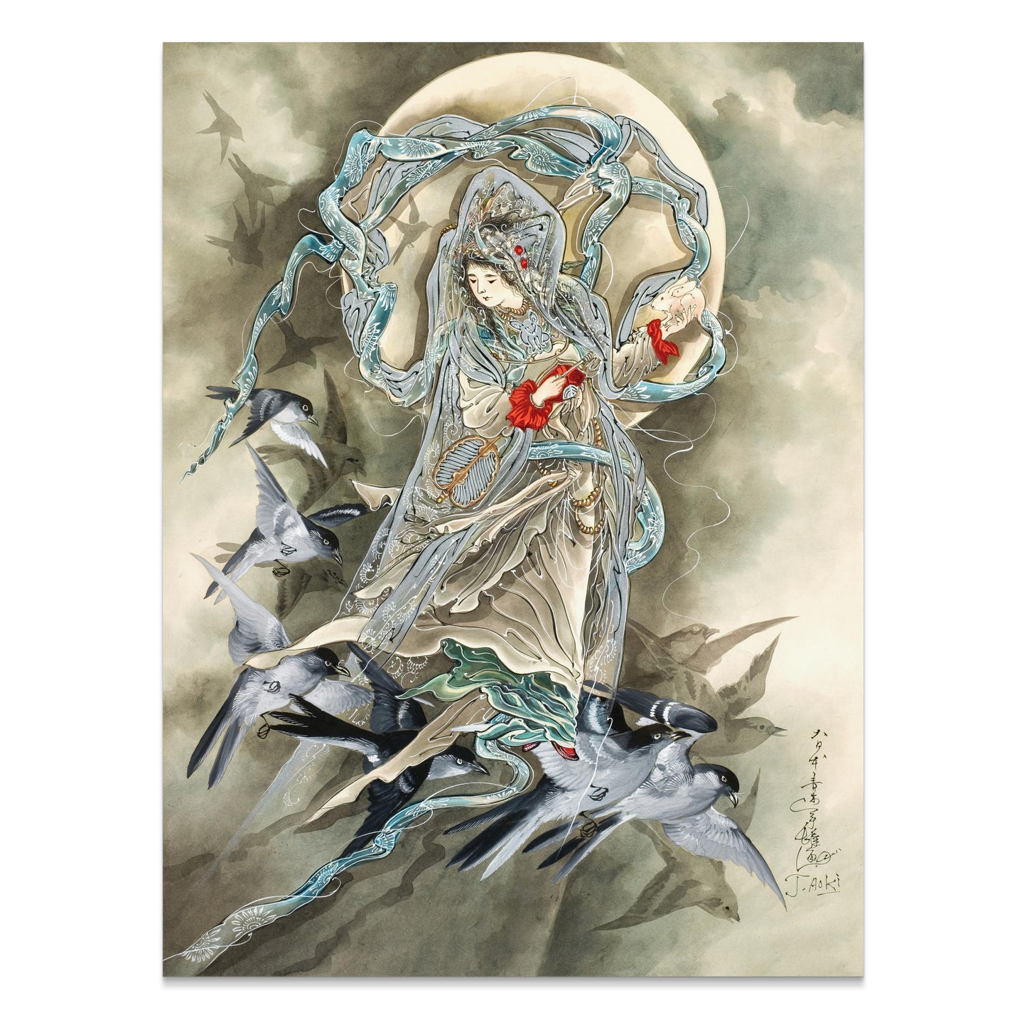 Premium Poster of Exquisite Oriental Art Featuring Birds and Woman Posters