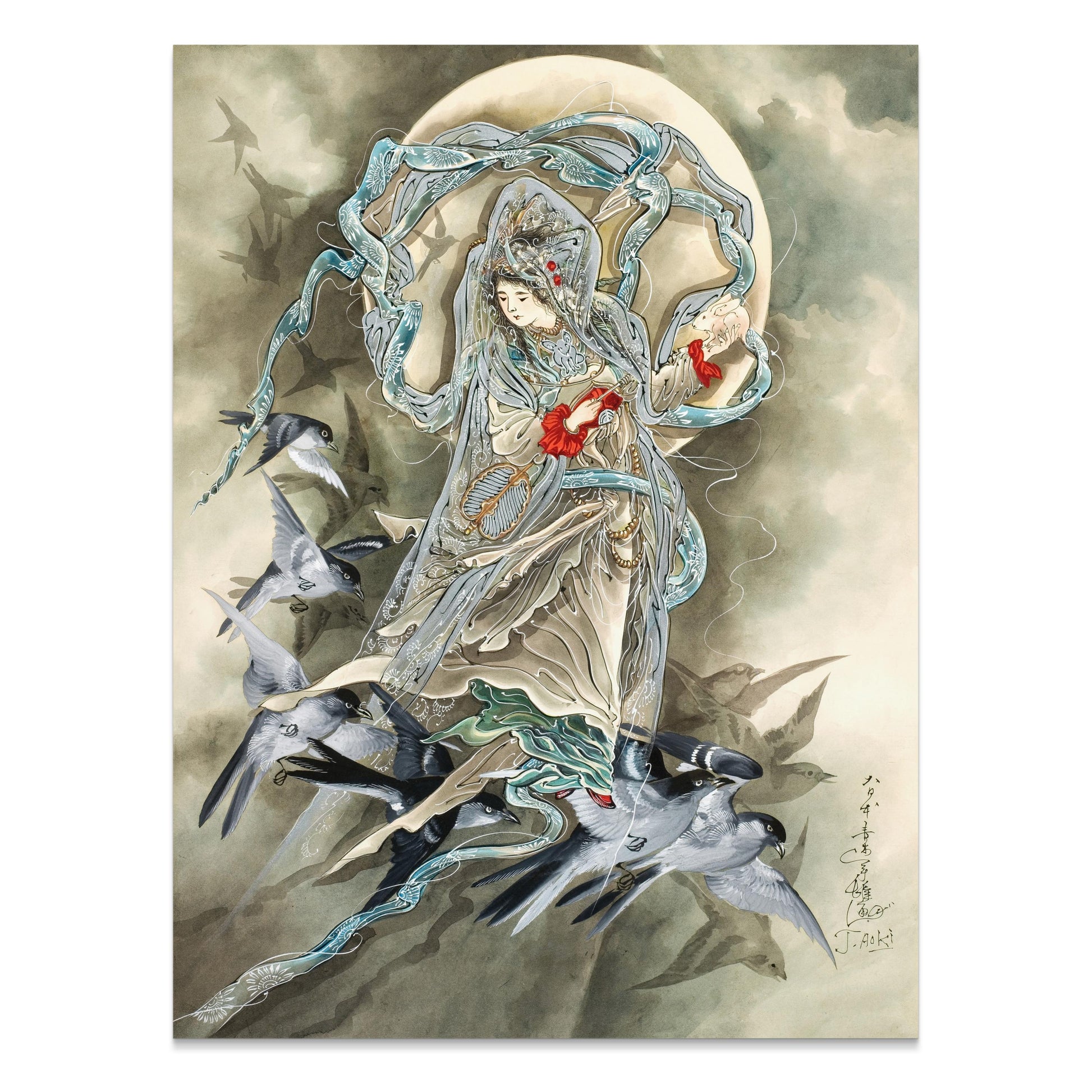 Premium Poster of Exquisite Oriental Art Featuring Birds and Woman Posters