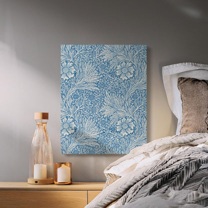 William Morris floral canvas wrap displayed in a cozy bedroom, complementing neutral bedding and soft lighting for elegant home decor.