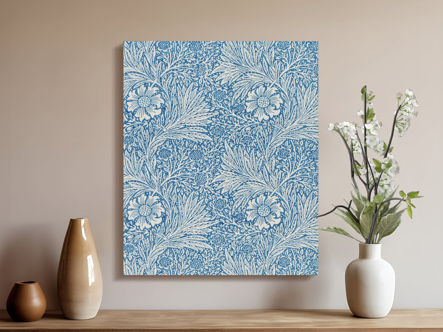 Blue botanical William Morris canvas wrap styled on a wooden shelf with vases and flowers, perfect for vintage-inspired home decor.