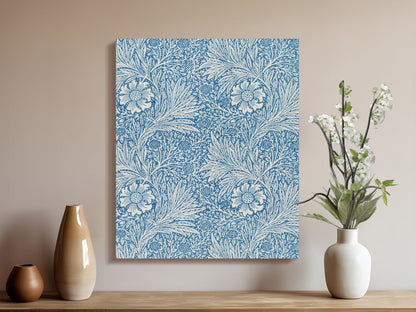 Blue botanical William Morris canvas wrap styled on a wooden shelf with vases and flowers, perfect for vintage-inspired home decor.