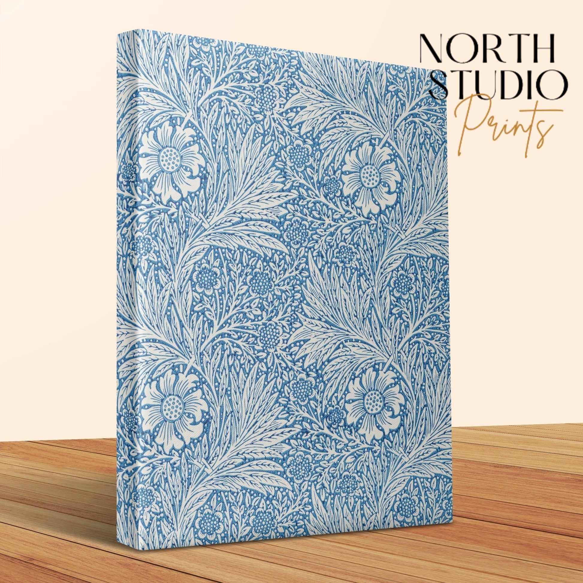 Close-up of William Morris floral canvas wrap with intricate blue botanical patterns, highlighting its art nouveau style and fine craftsmanship.