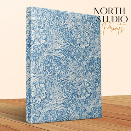 Close-up of William Morris floral canvas wrap with intricate blue botanical patterns, highlighting its art nouveau style and fine craftsmanship.