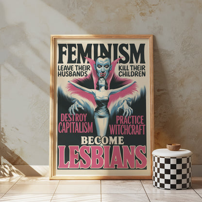 Framed retro feminism art poster leaning against a textured wall, paired with a checkered stool. Features bold feminist messaging.