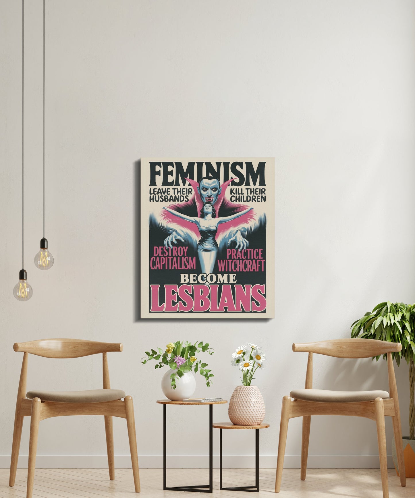 Feminist satirical art canvas wrap displayed in a modern seating area, featuring bold statements and a striking central figure.
