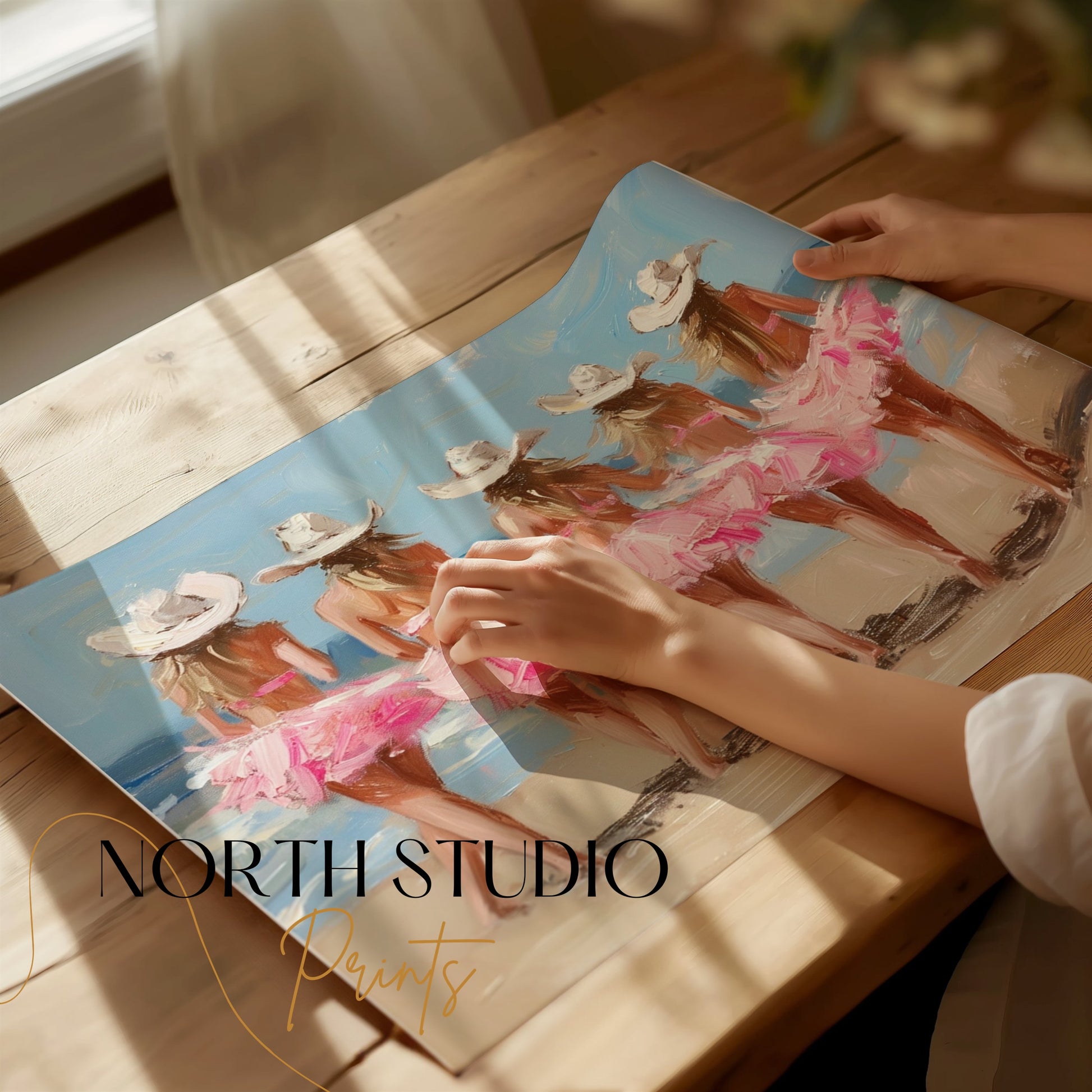 Premium Poster of Five Women in Pink Dresses at the Beach Art Posters
