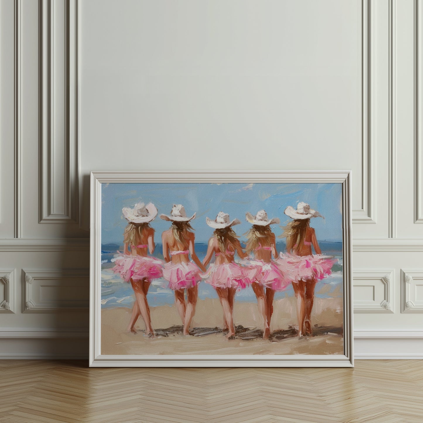 Premium Poster of Five Women in Pink Dresses at the Beach Art Posters