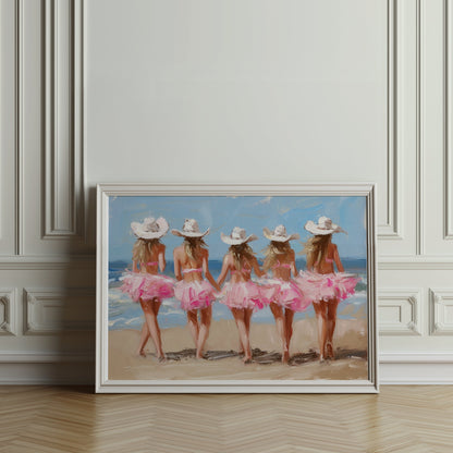 Premium Poster of Five Women in Pink Dresses at the Beach Art Posters