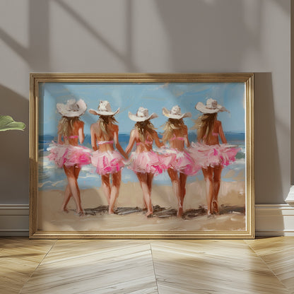 Premium Poster of Five Women in Pink Dresses at the Beach Art Posters
