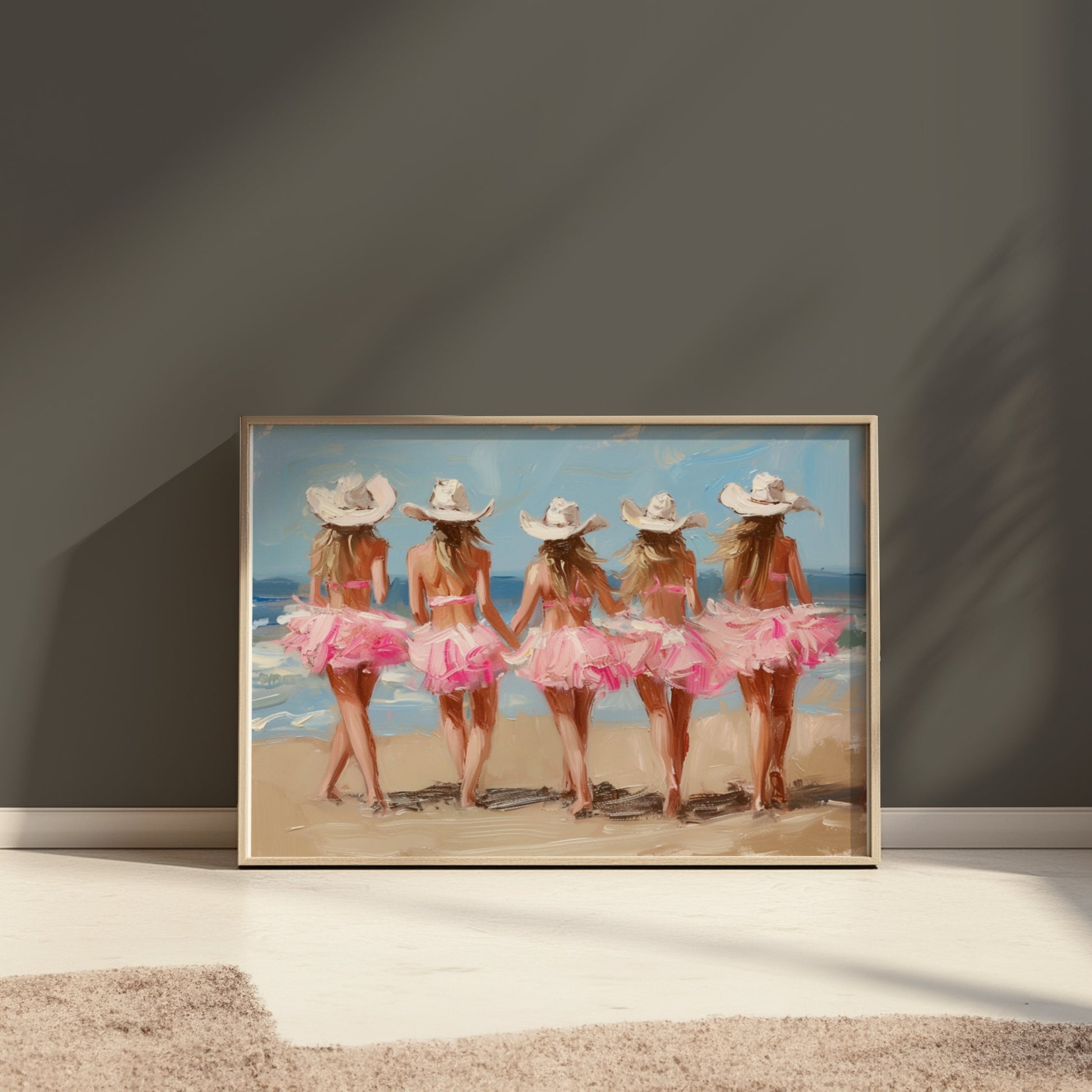 Premium Poster of Five Women in Pink Dresses at the Beach Art Posters