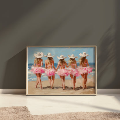 Premium Poster of Five Women in Pink Dresses at the Beach Art Posters