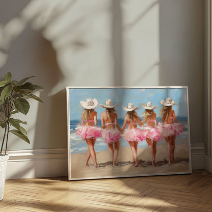 Premium Poster of Five Women in Pink Dresses at the Beach Art Posters