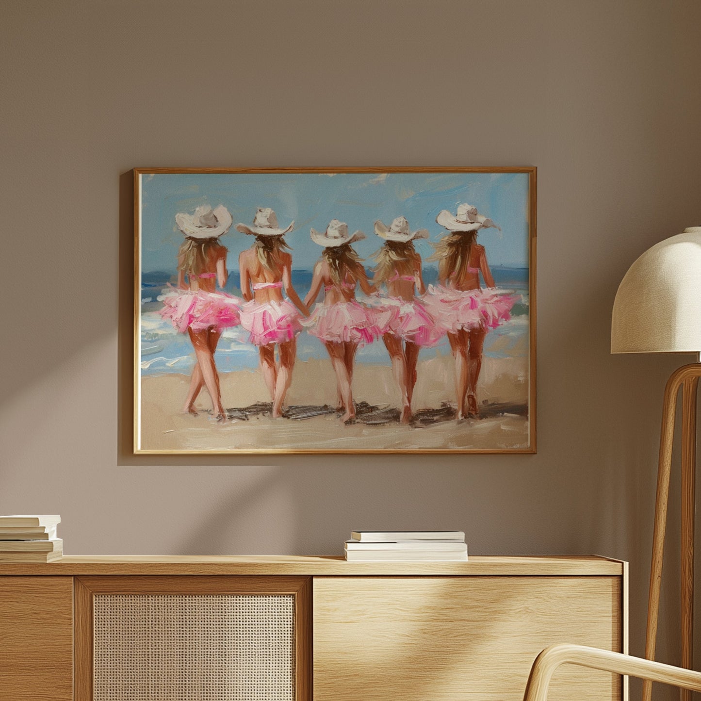Premium Poster of Five Women in Pink Dresses at the Beach Art Posters