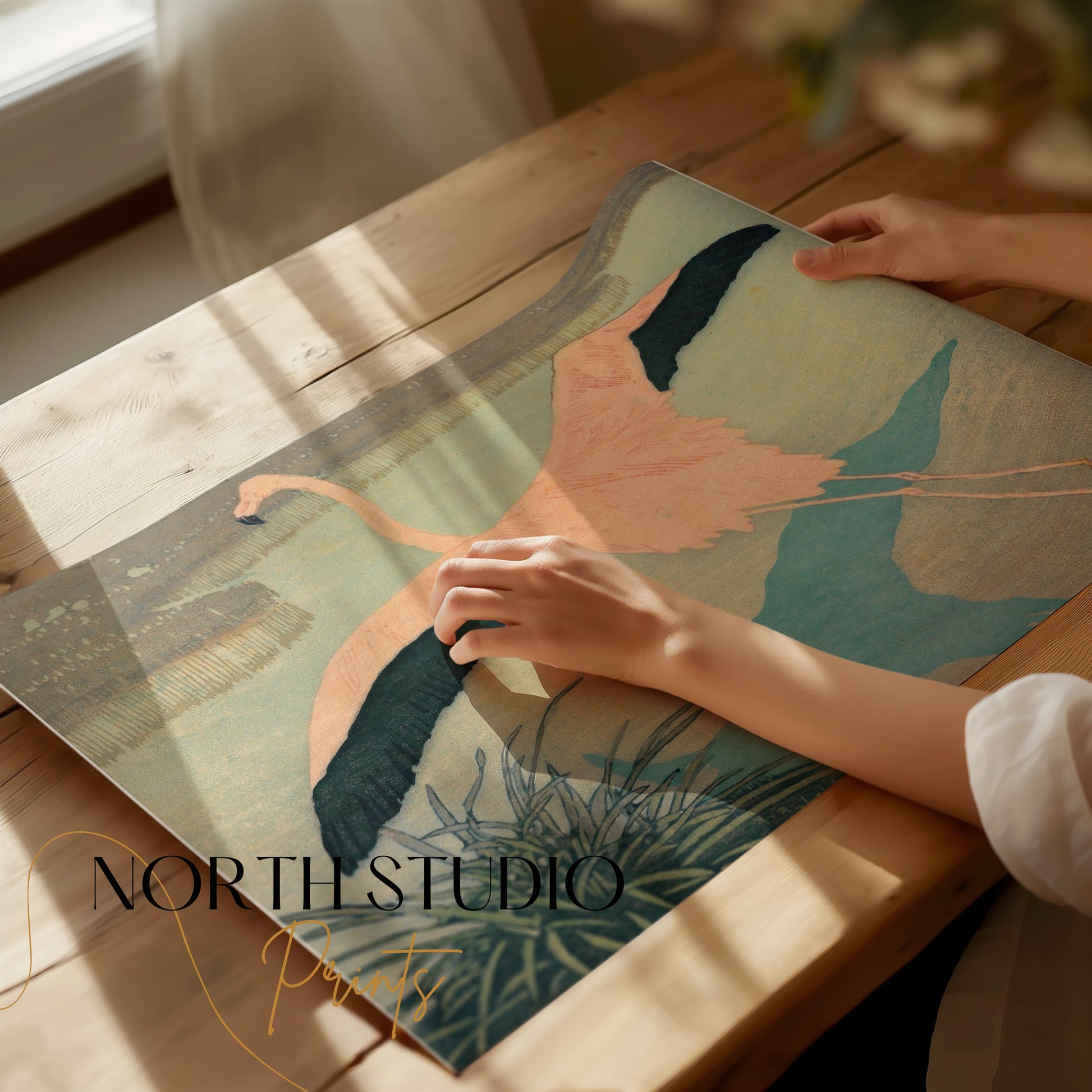 Premium Poster of Flamingo Over Pond Japanese Art Posters