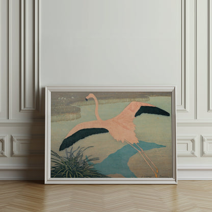 Premium Poster of Flamingo Over Pond Japanese Art Posters